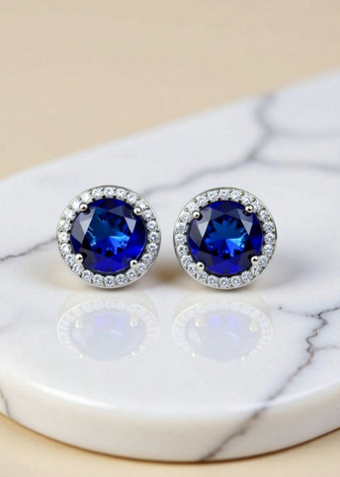 2 Carat Blue Moissanite Halo Stud Earrings in .925 Sterling Silver