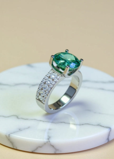5 Carat Green Moissanite Statement Ring in Platinum-Plated Sterling Silver