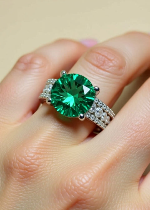 5 Carat Green Moissanite Statement Ring in Platinum-Plated Sterling Silver