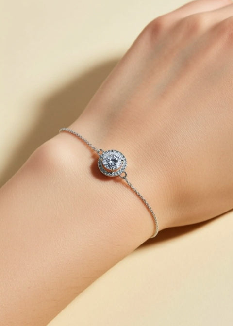1 Carat Moissanite Halo Bracelet in Rhodium-Plated Sterling Silver