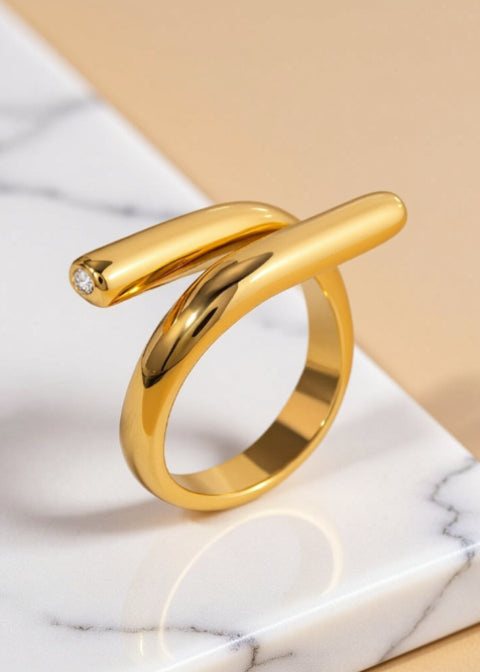 18K Gold-Plated Adjustable Wrap Ring with Rhinestone Accent