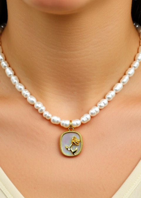 Freshwater Pearl Rose Pendant Necklace in 18K Gold-Plated Brass