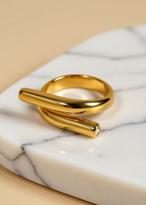 18K Gold-Plated Adjustable Wrap Ring with Rhinestone Accent