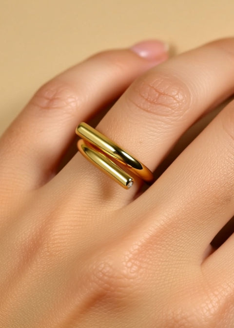 18K Gold-Plated Adjustable Wrap Ring with Rhinestone Accent