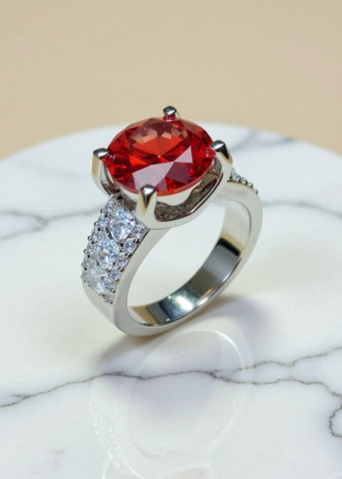5 Carat Scarlet Red Moissanite Statement Ring in Sterling Silver