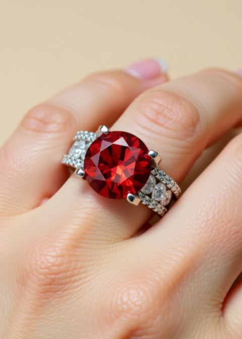 5 Carat Scarlet Red Moissanite Statement Ring in Sterling Silver