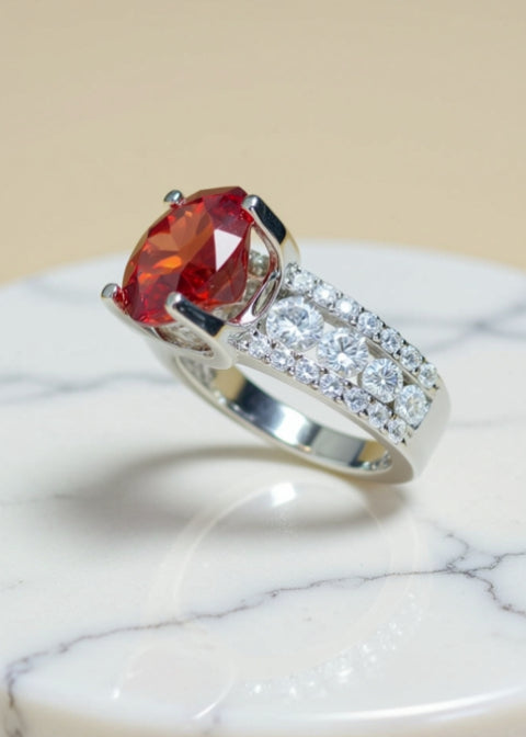 5 Carat Scarlet Red Moissanite Statement Ring in Sterling Silver