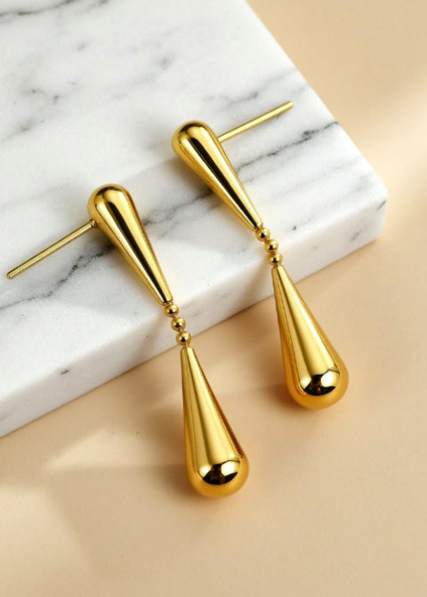 18K Gold-Plated Double Teardrop Drop Earrings in Stainless Steel