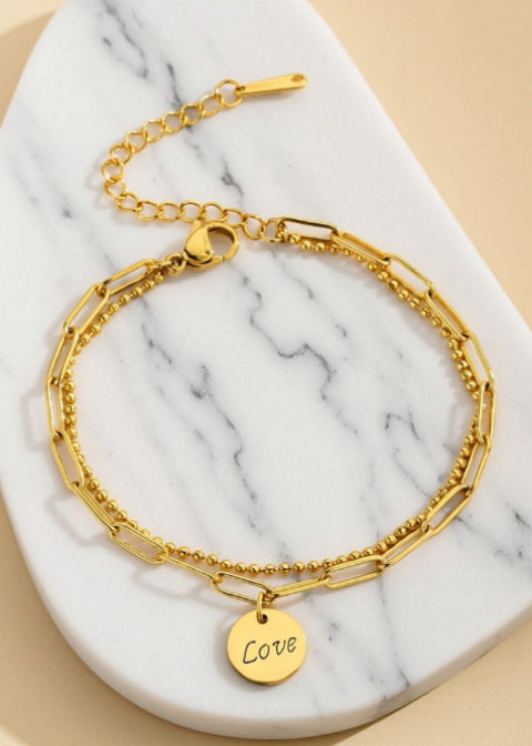 18K Gold-Plated Layered Love Charm Bracelet in Titanium Steel