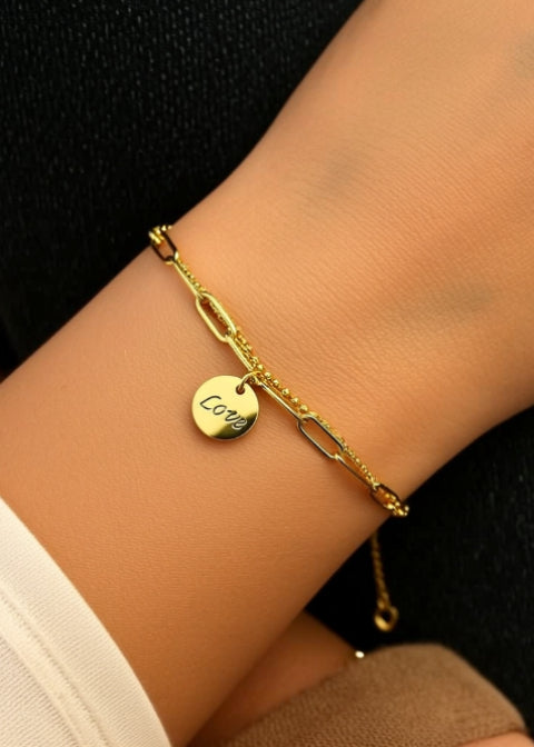 18K Gold-Plated Layered Love Charm Bracelet in Titanium Steel