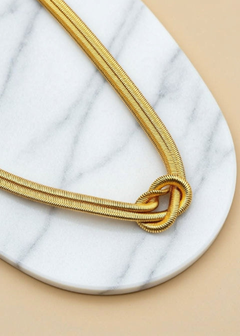 Double Snake Chain Knot Necklace in Gold or Silver Titanium Steel