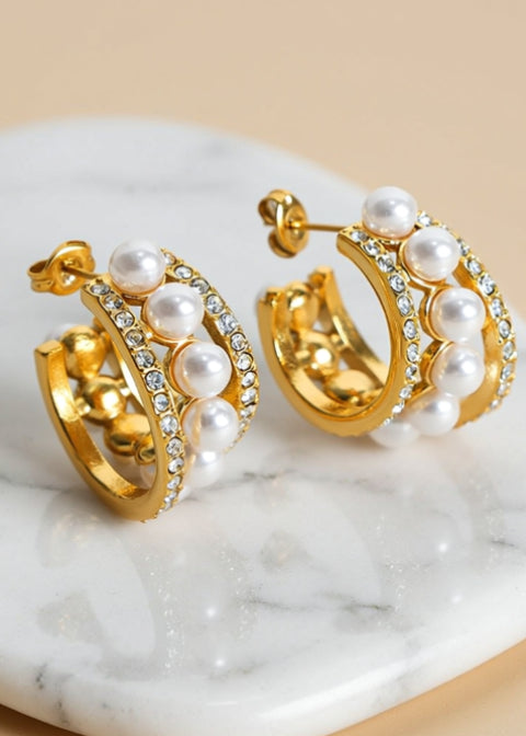 18K Gold-Plated Pearl Hoop Earrings in Titanium Steel