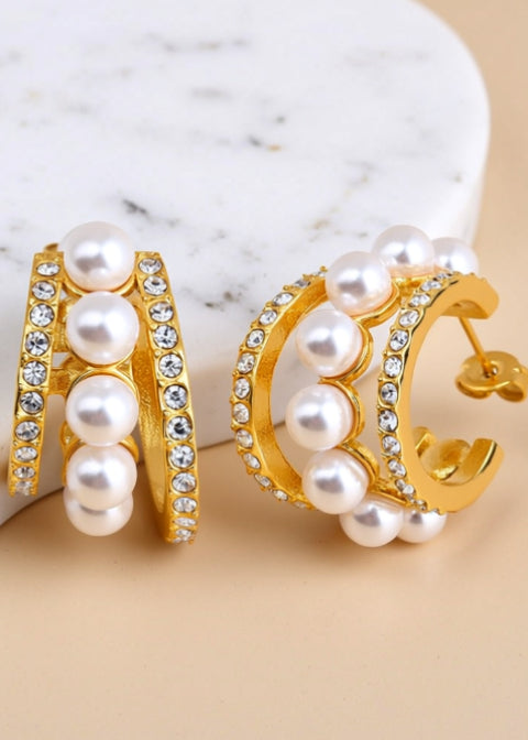 18K Gold-Plated Pearl Hoop Earrings in Titanium Steel