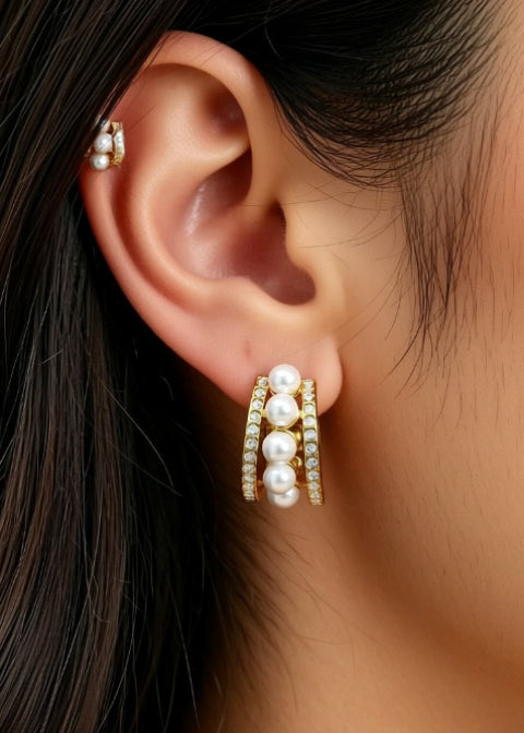 18K Gold-Plated Pearl Hoop Earrings in Titanium Steel