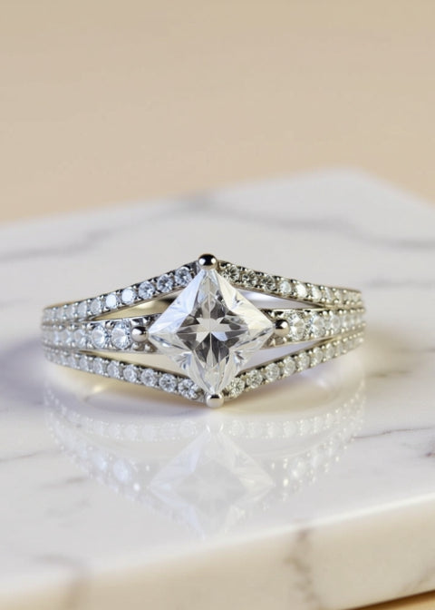1 Carat Princess-Cut Moissanite Ring in Platinum-Plated Sterling Silver