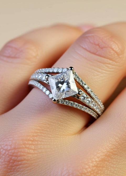 1 Carat Princess-Cut Moissanite Ring in Platinum-Plated Sterling Silver