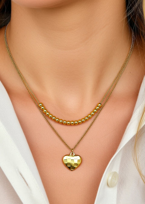 18K Gold-Plated Layered Heart Pendant Necklace in Titanium Steel