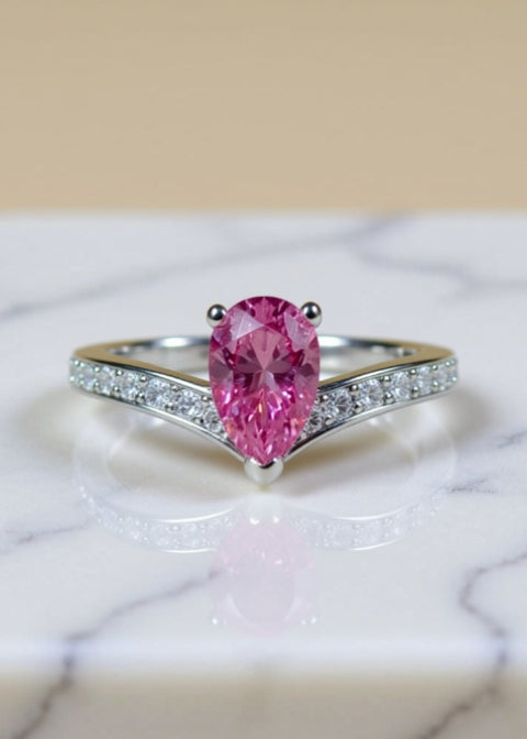 1 Carat Pink Pear-Cut Moissanite Ring in Platinum-Plated Sterling Silver