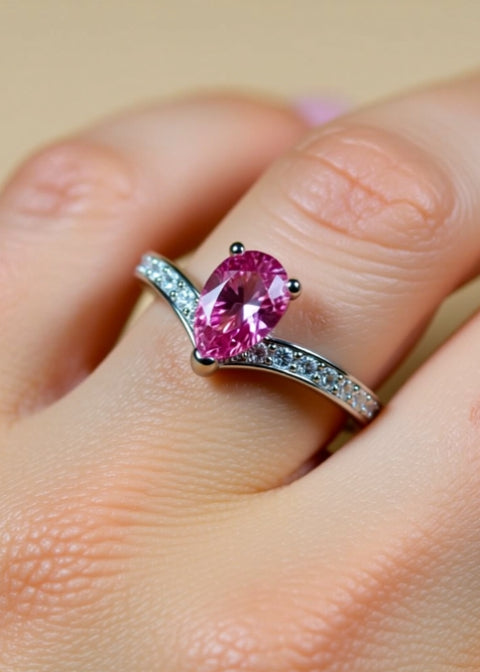 1 Carat Pink Pear-Cut Moissanite Ring in Platinum-Plated Sterling Silver