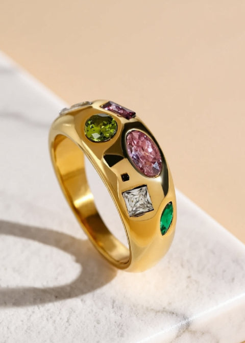 18K Gold-Plated Multicolor Zircon Chunky Dome Ring