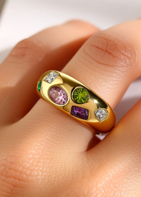 18K Gold-Plated Multicolor Zircon Chunky Dome Ring