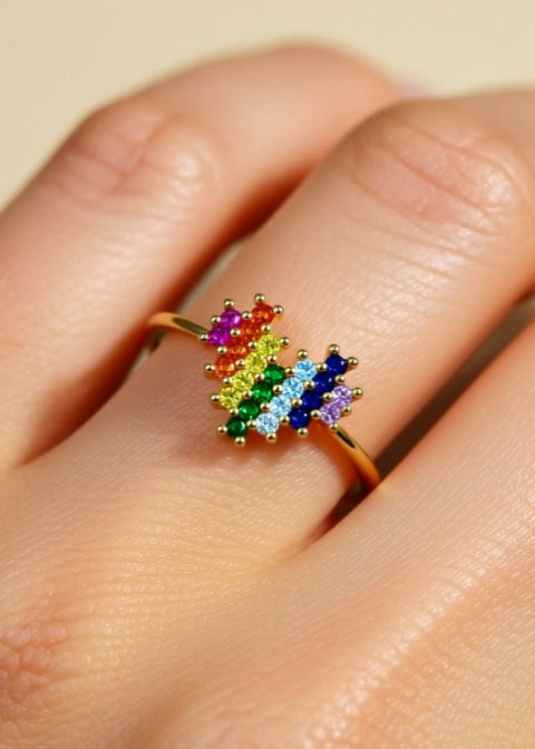 18K Gold-Plated Rainbow Zircon Heart Ring in Sterling Silver