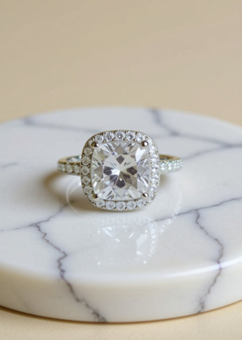 3 Carat Cushion-Cut Moissanite Halo Ring in Platinum-Plated Sterling Silver