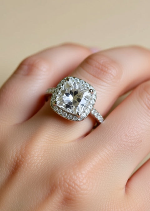 3 Carat Cushion-Cut Moissanite Halo Ring in Platinum-Plated Sterling Silver