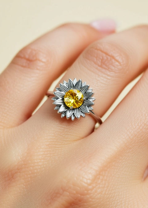 Sunflower Zircon Ring in .925 Sterling Silver, Gold or Silver