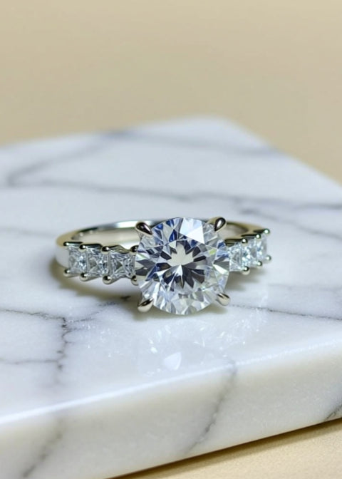 3 Carat Round Moissanite Engagement Ring with Zircon Side Stones