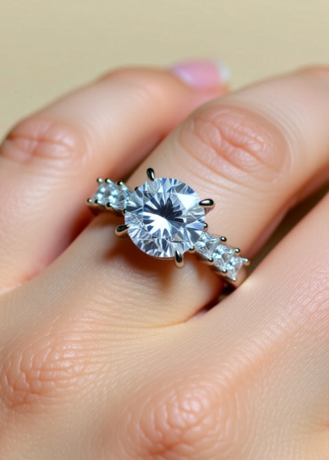 3 Carat Round Moissanite Engagement Ring with Zircon Side Stones