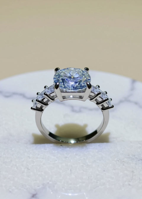 3 Carat Round Moissanite Engagement Ring with Zircon Side Stones