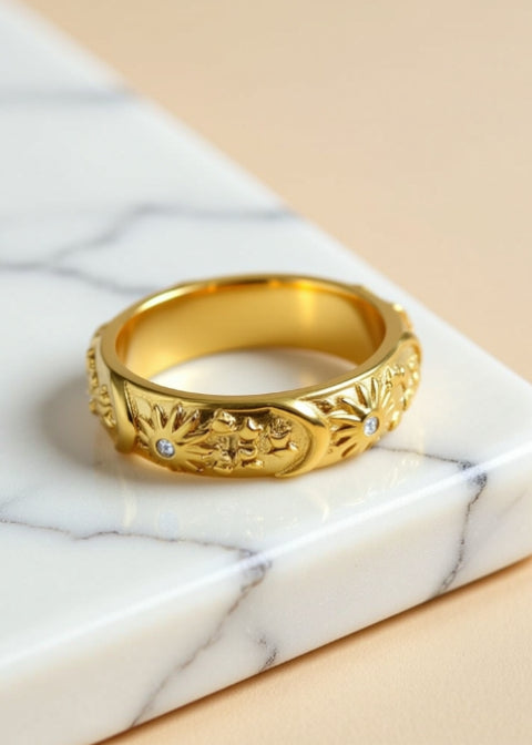 Celestial Sun Moon and Stars Zircon Ring, Gold or Silver
