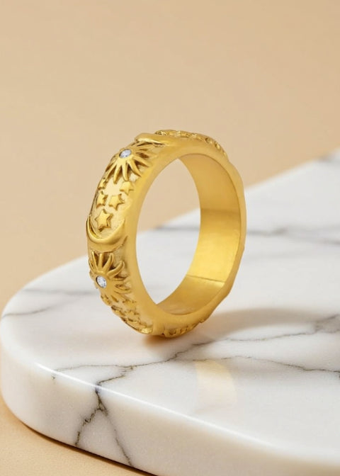 Celestial Sun Moon and Stars Zircon Ring, Gold or Silver