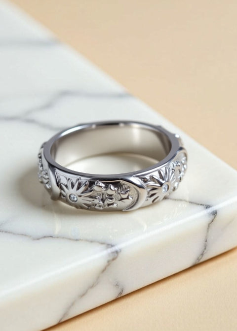 Celestial Sun Moon and Stars Zircon Ring, Gold or Silver