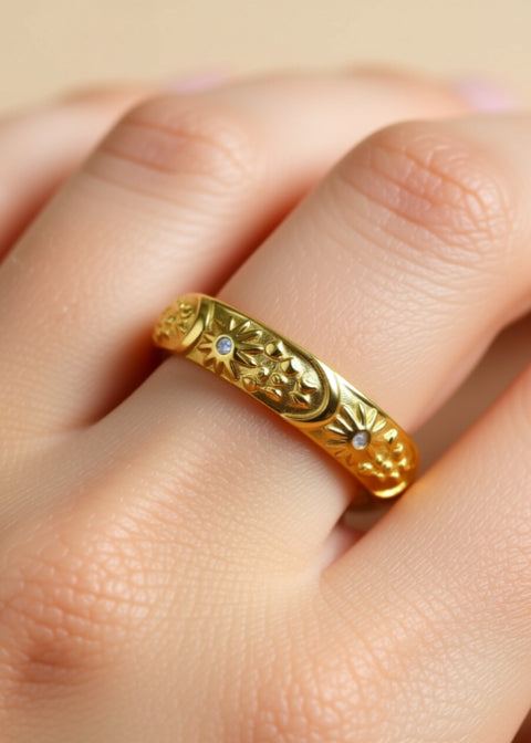 Celestial Sun Moon and Stars Zircon Ring, Gold or Silver