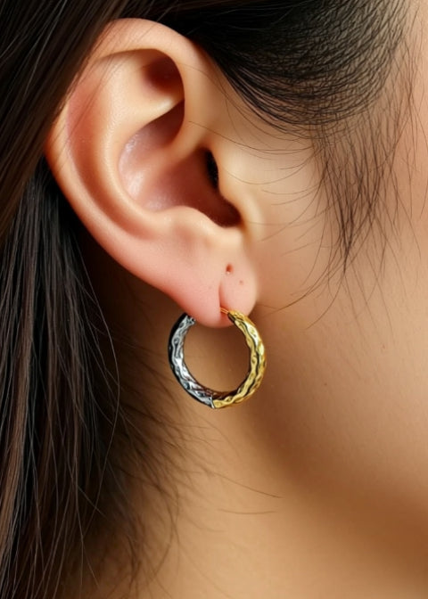Two-Tone Hammered Hoop Earrings in 18K Gold-Plated Titanium Steel