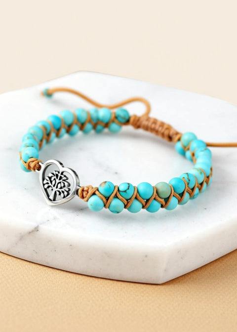 Adjustable Turquoise Beaded Bracelet with Stainless Steel Hand Charm