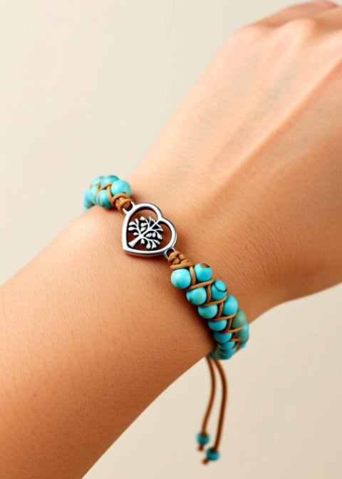 Adjustable Turquoise Beaded Bracelet with Stainless Steel Hand Charm