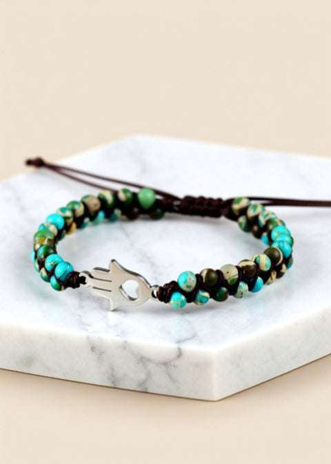 Adjustable Turquoise Beaded Bracelet with Stainless Steel Hand Charm