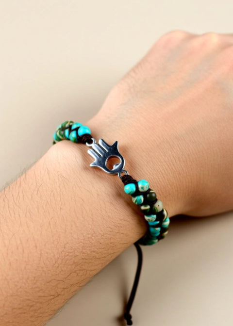 Adjustable Turquoise Beaded Bracelet with Stainless Steel Hand Charm