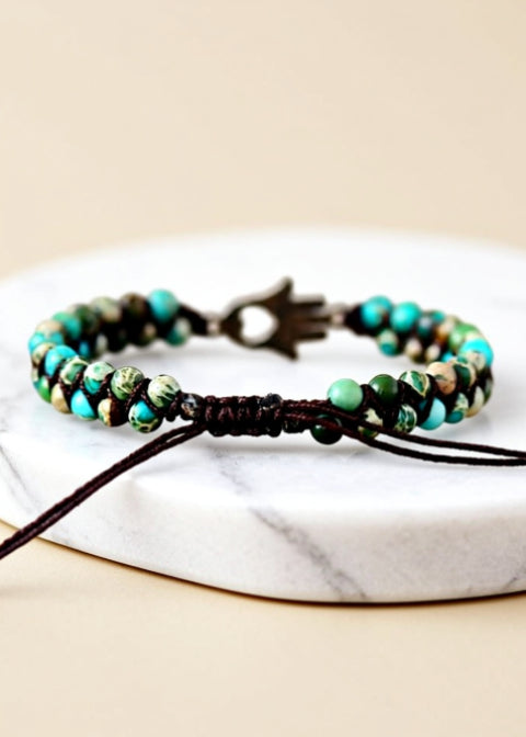 Adjustable Turquoise Beaded Bracelet with Stainless Steel Hand Charm