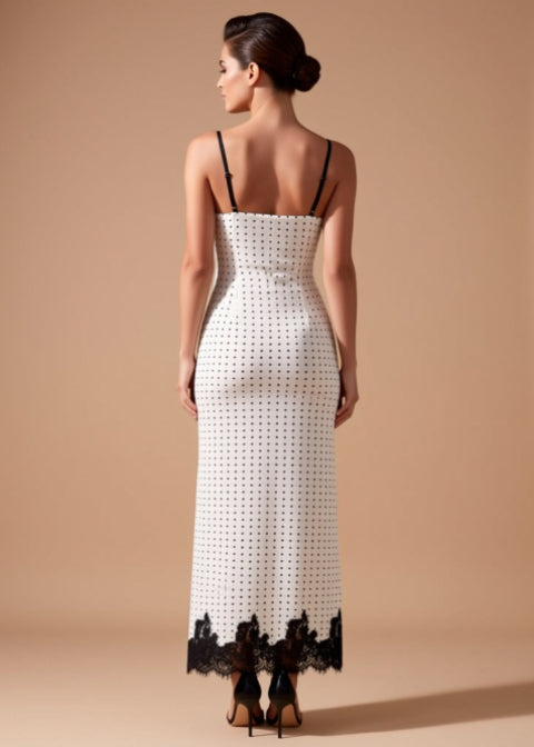 Polka-Dot Lace-Trim Maxi Dress with Side Slit