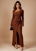 Ribbed Long-Sleeve Maxi Dress with Buckle Waist and Slit