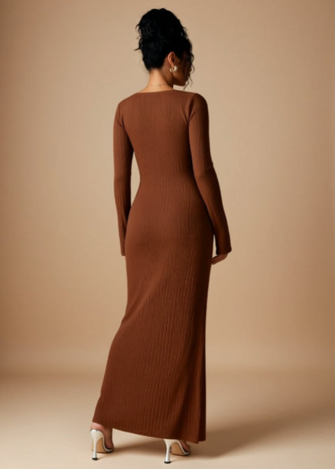 Ribbed Long-Sleeve Maxi Dress with Buckle Waist and Slit