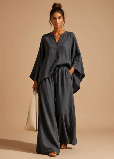 Women’s Oversized Two-Piece Wide-Leg Pant Set with Pockets