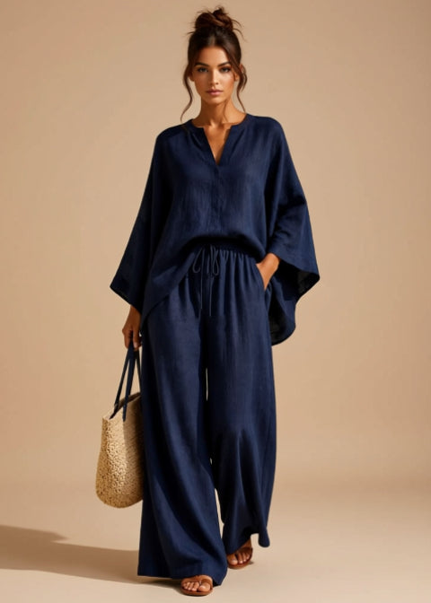 Women’s Oversized Two-Piece Wide-Leg Pant Set with Pockets