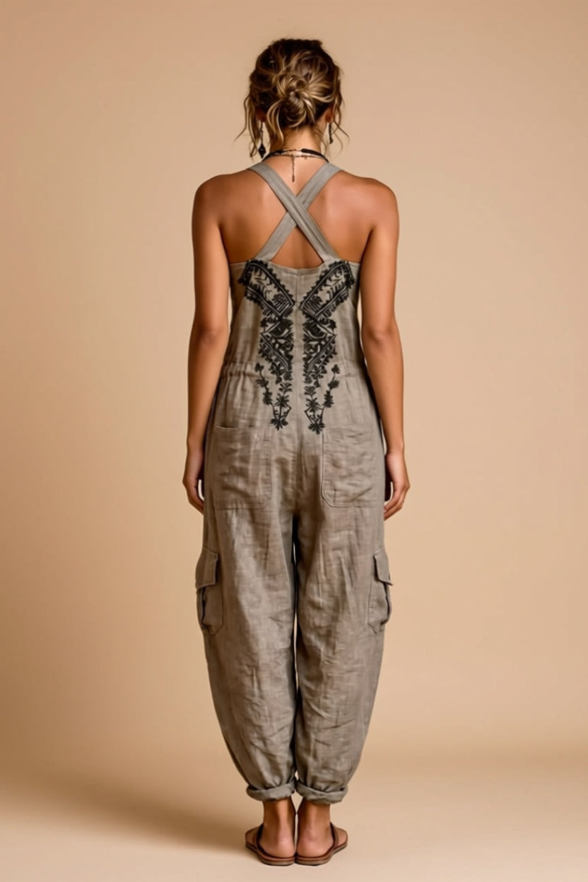 Embroidered Halter-Neck Cargo Jumpsuit with Pockets