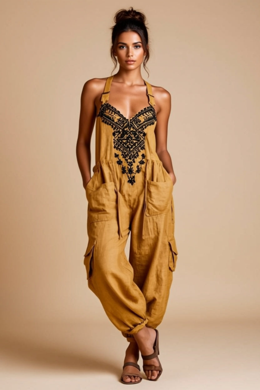 Embroidered Halter-Neck Cargo Jumpsuit with Pockets