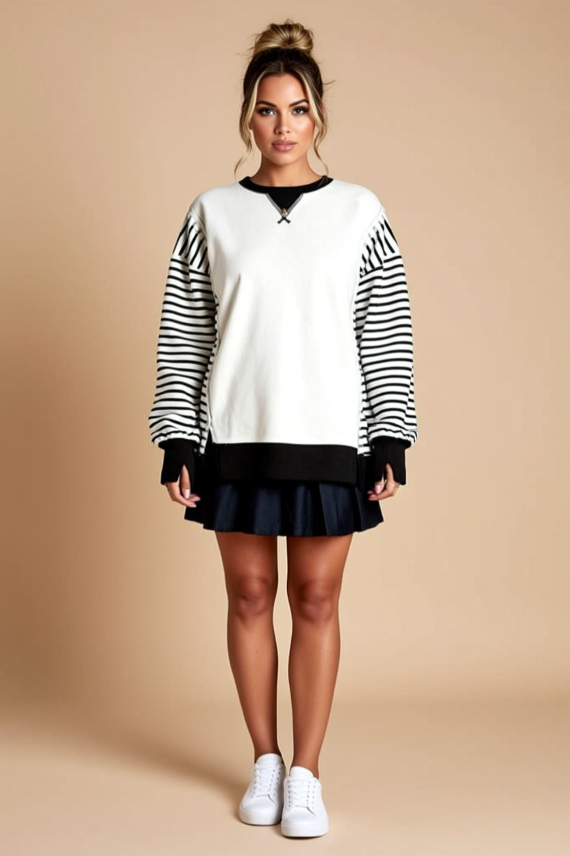 Exposed-Seam Crewneck Sweatshirt with Striped Sleeves